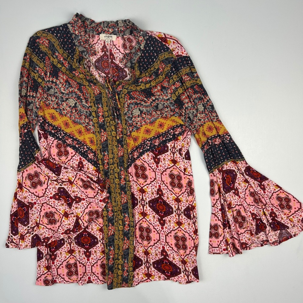 Umgee USA Mixed Print Boho Tunic Bell Sleeve Pink Floral Patchwork GD0505 Small